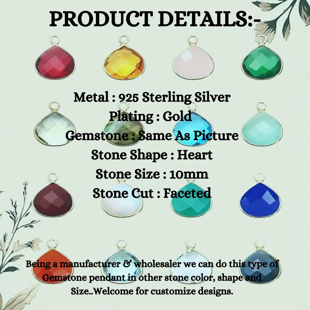Heart Shape 10mm Multi-Gemstone Pendant Faceted 925 Sterling Silver Drop Charm for Necklaces