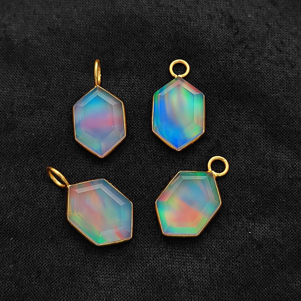 Hexagon Opal Crystal Charm Gold Plated Bezel Pendant for Unique Handmade Jewelry- Selling Per Piece