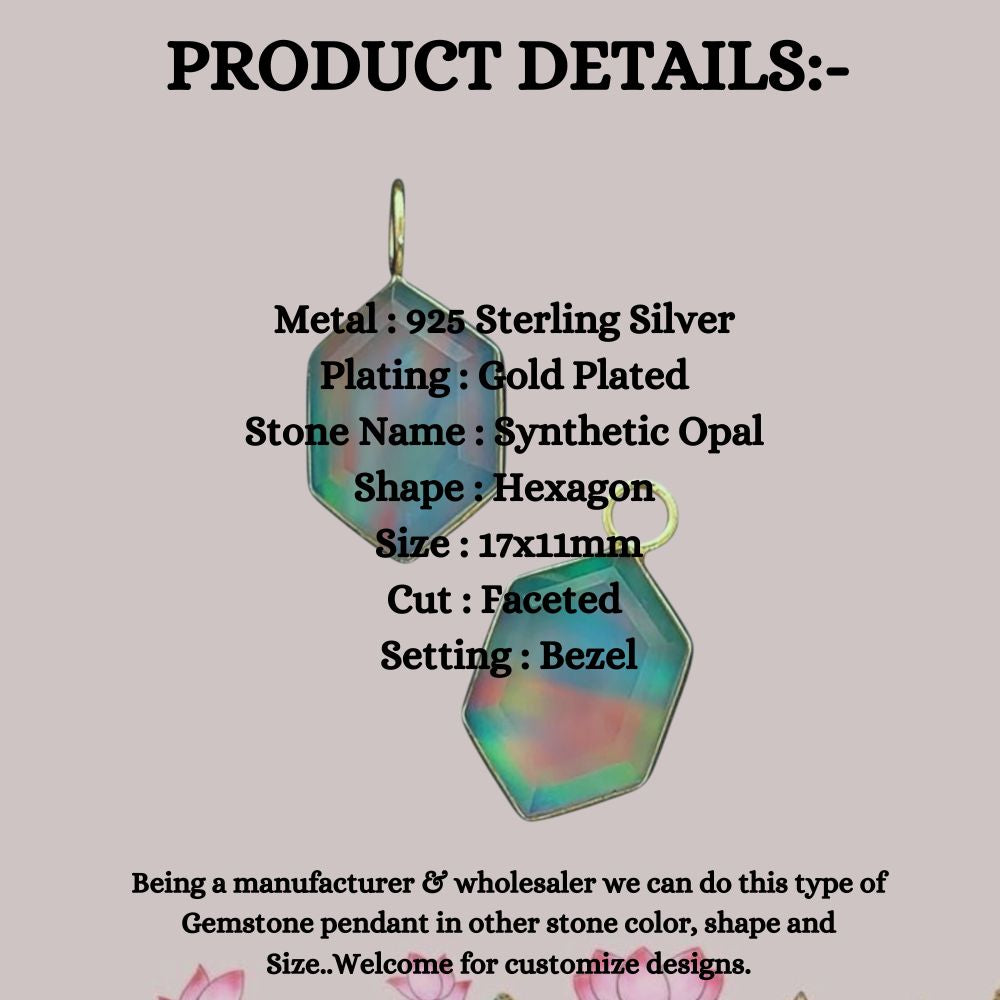 Hexagon Opal Crystal Charm Gold Plated Bezel Pendant for Unique Handmade Jewelry- Selling Per Piece