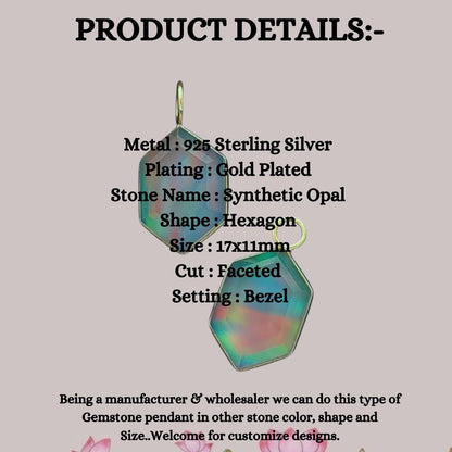 Hexagon Opal Crystal Charm Gold Plated Bezel Pendant for Unique Handmade Jewelry- Selling Per Piece
