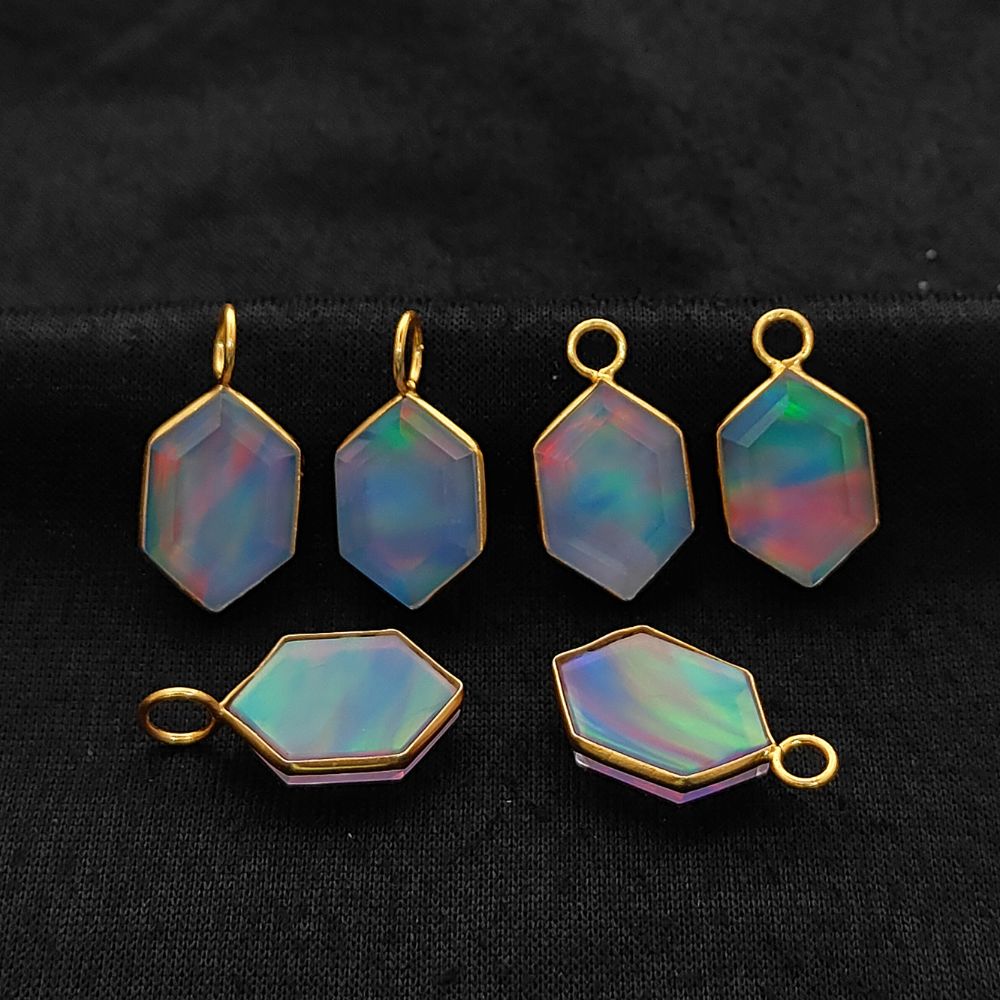 Hexagon Opal Crystal Charm Gold Plated Bezel Pendant for Unique Handmade Jewelry- Selling Per Piece