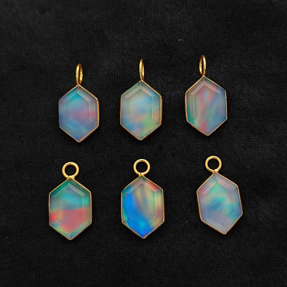 Hexagon Opal Crystal Charm Gold Plated Bezel Pendant for Unique Handmade Jewelry- Selling Per Piece