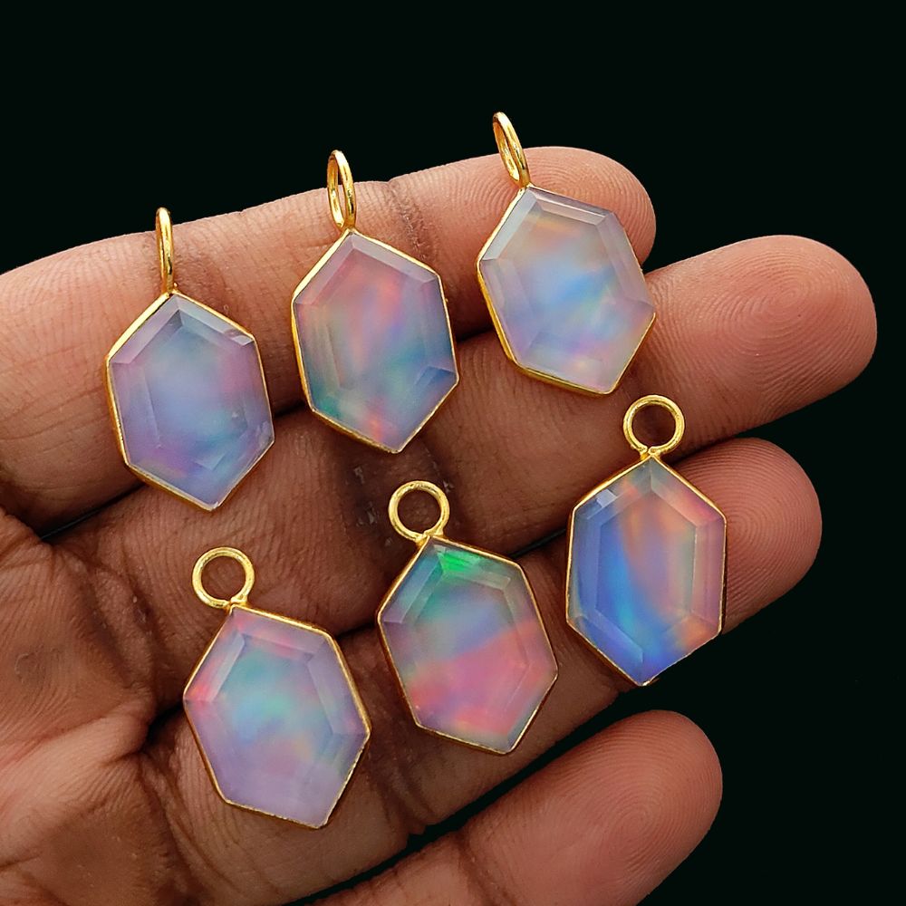 Hexagon Opal Crystal Charm Gold Plated Bezel Pendant for Unique Handmade Jewelry- Selling Per Piece