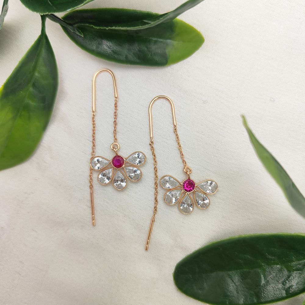 Rose Gold Plated Threader Earrings Pink and Clear CZ Pear Drop Dainty Sterling Silver Gift for Her