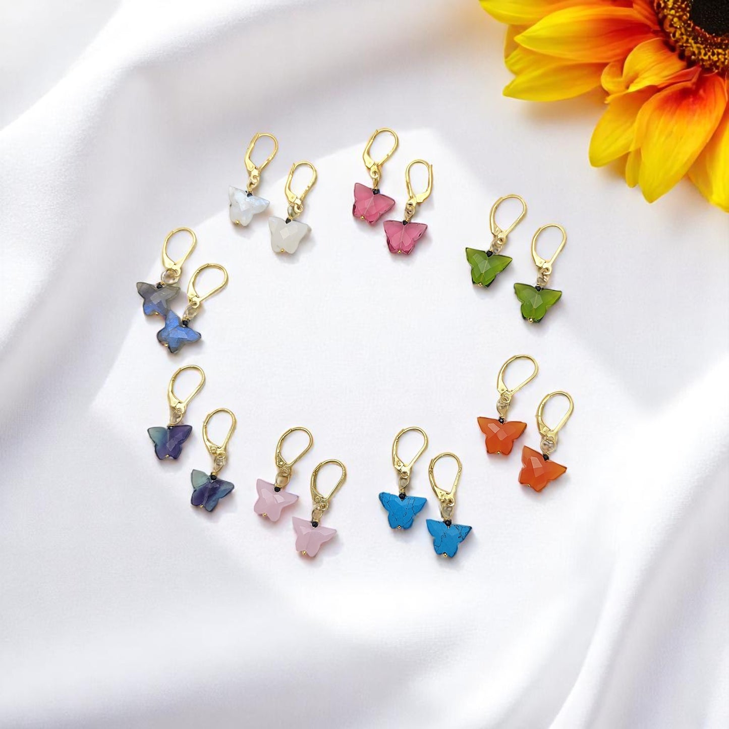 Handcrafted Multi-Gemstone Butterfly Earrings Gold Plated Sterling Silver Boho Danglers- Selling Per Piece