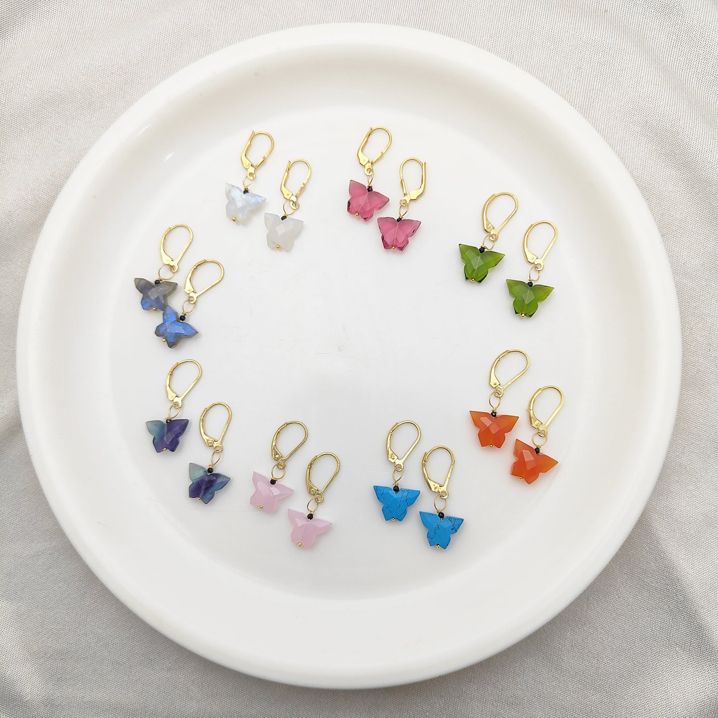 Handcrafted Multi-Gemstone Butterfly Earrings Gold Plated Sterling Silver Boho Danglers- Selling Per Piece