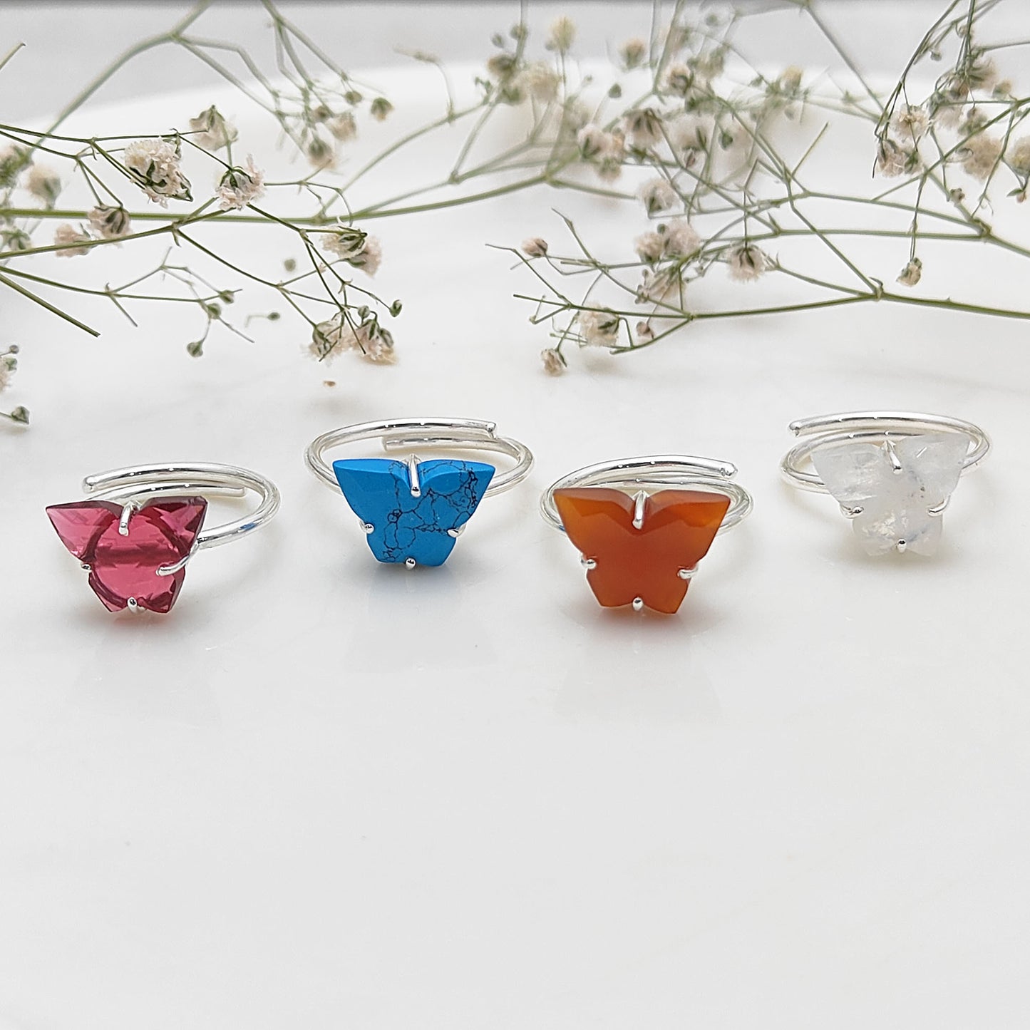 Handcrafted Silver Butterfly Ring | Adjustable Multi-Gemstone Boho Ring for Her