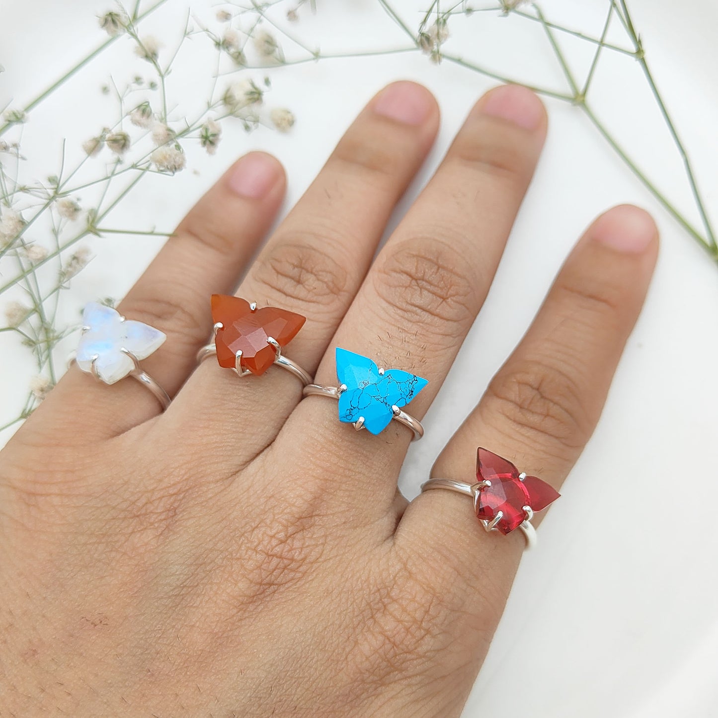 Handmade 925 Sterling Silver Butterfly Ring Boho Multi-Gemstone Statement Jewelry
