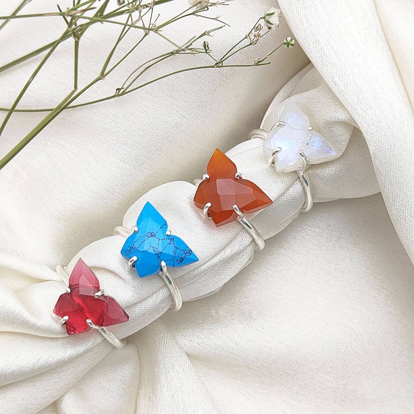 Handmade 925 Sterling Silver Butterfly Ring Boho Multi-Gemstone Statement Jewelry