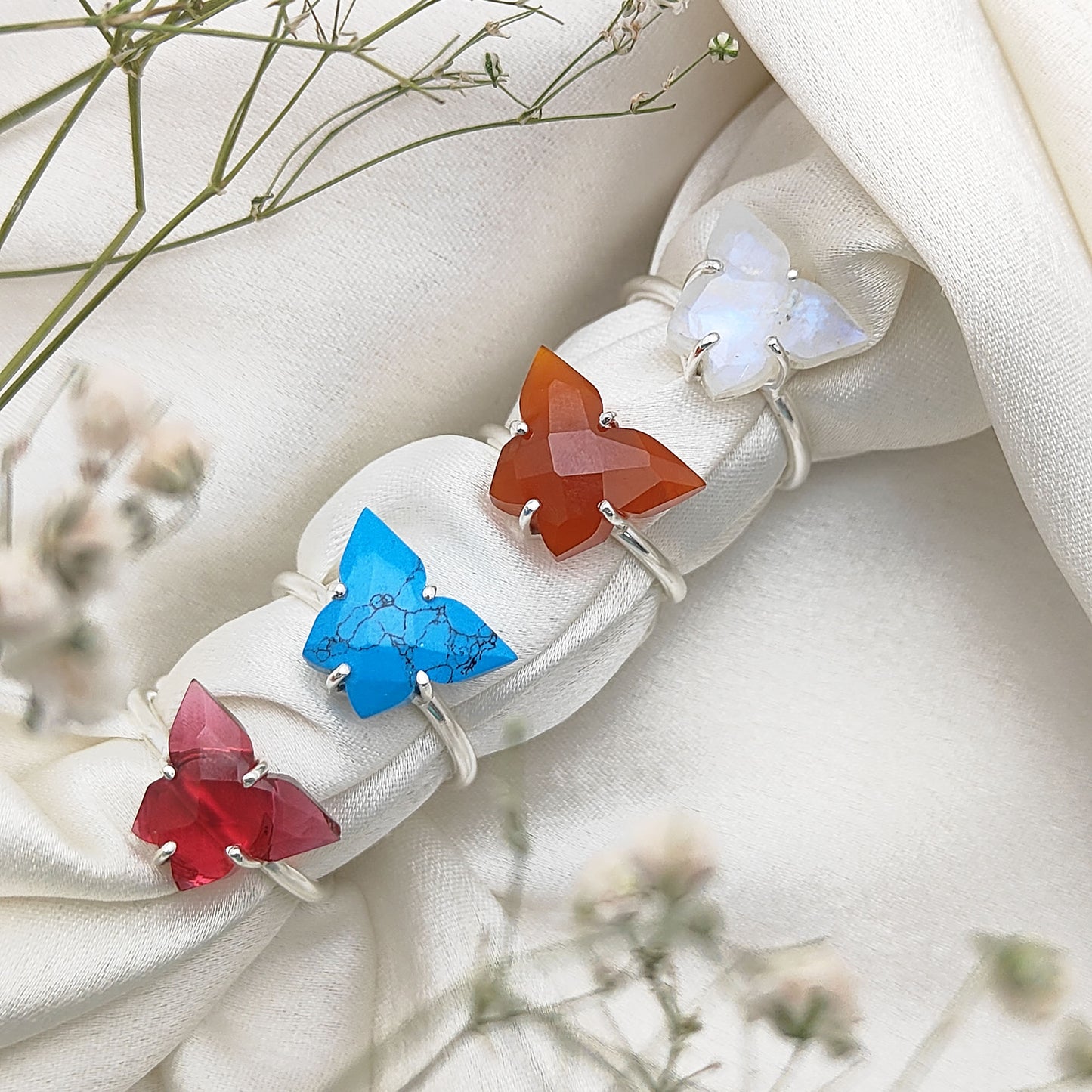 Handmade 925 Sterling Silver Butterfly Ring Boho Multi-Gemstone Statement Jewelry