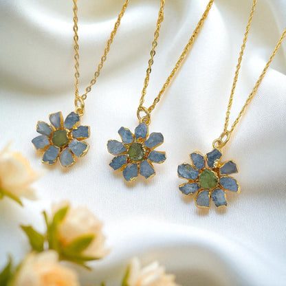 Natural Aquamarine and Peridot Crystal Necklace Raw Gemstone Flower Pendant Unique Gift Jewelry- Selling Per Piece