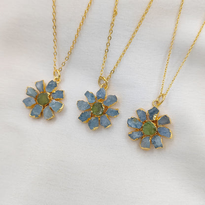 Natural Aquamarine and Peridot Crystal Necklace Raw Gemstone Flower Pendant Unique Gift Jewelry- Selling Per Piece
