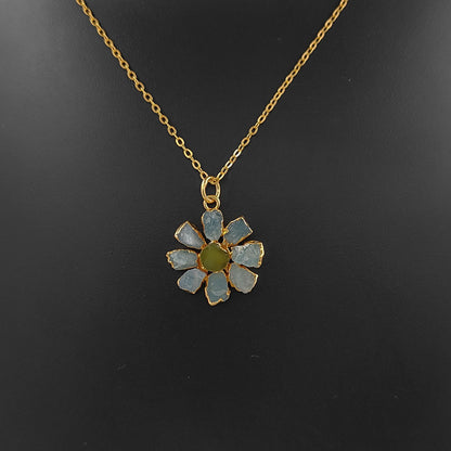 Natural Aquamarine and Peridot Crystal Necklace Raw Gemstone Flower Pendant Unique Gift Jewelry- Selling Per Piece
