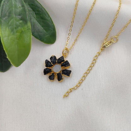 Natural Black Tourmaline Gemstone Necklace Flower Pendant with Rainbow Flash Handmade Jewelry- Selling Per Piece