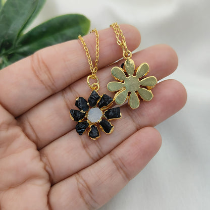 Natural Black Tourmaline Gemstone Necklace Flower Pendant with Rainbow Flash Handmade Jewelry- Selling Per Piece