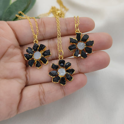 Natural Black Tourmaline Gemstone Necklace Flower Pendant with Rainbow Flash Handmade Jewelry- Selling Per Piece
