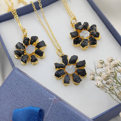 Natural Black Tourmaline Gemstone Necklace Flower Pendant with Rainbow Flash Handmade Jewelry- Selling Per Piece
