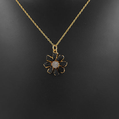 Natural Black Tourmaline Gemstone Necklace Flower Pendant with Rainbow Flash Handmade Jewelry- Selling Per Piece