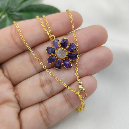 Purple Amethyst Flower Pendant Necklace Handmade Raw Gemstone Jewelry Bohemian Gift for Women- Selling Per Piece