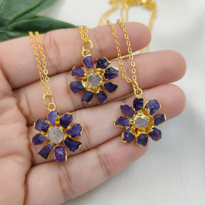 Purple Amethyst Flower Pendant Necklace Handmade Raw Gemstone Jewelry Bohemian Gift for Women- Selling Per Piece