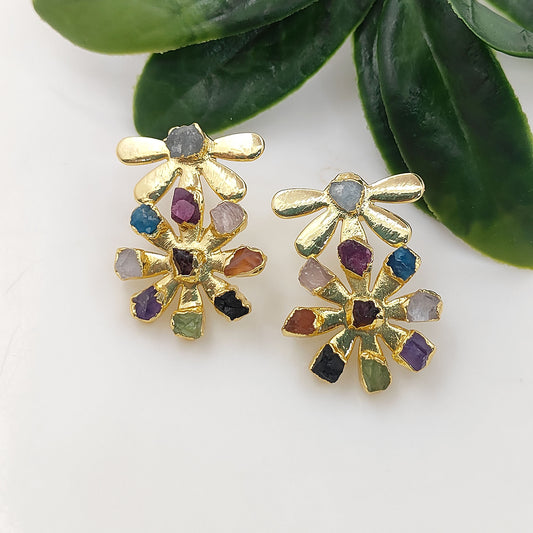 Multi-Color Birthstone Flower Stud Earrings Raw Gemstone Bohemian Jewelry Perfect Handmade Gift- Selling Per Pair
