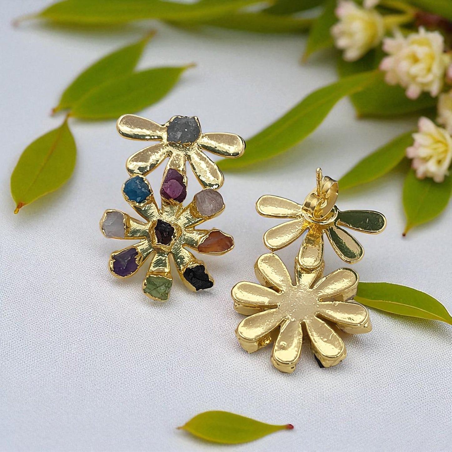 Multi-Color Birthstone Flower Stud Earrings Raw Gemstone Bohemian Jewelry Perfect Handmade Gift- Selling Per Pair