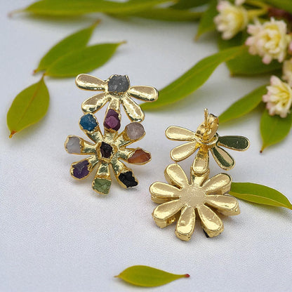 Multi-Color Birthstone Flower Stud Earrings Raw Gemstone Bohemian Jewelry Perfect Handmade Gift- Selling Per Pair