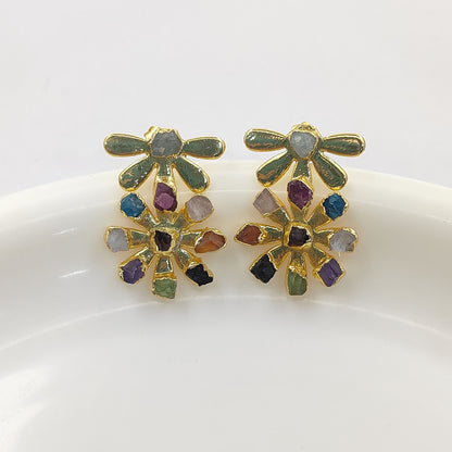 Multi-Color Birthstone Flower Stud Earrings Raw Gemstone Bohemian Jewelry Perfect Handmade Gift- Selling Per Pair