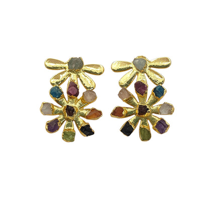 Multi-Color Birthstone Flower Stud Earrings Raw Gemstone Bohemian Jewelry Perfect Handmade Gift- Selling Per Pair