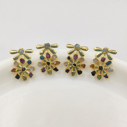 Multi-Color Birthstone Flower Stud Earrings Raw Gemstone Bohemian Jewelry Perfect Handmade Gift- Selling Per Pair