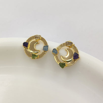 Raw Crystal Crescent Half Moon Stud Earrings Celestial-Inspired Handmade Jewelry for Her- Selling Per Pair
