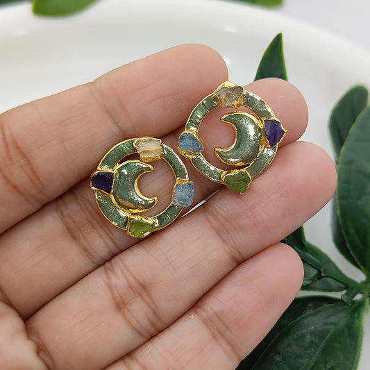 Raw Crystal Crescent Half Moon Stud Earrings Celestial-Inspired Handmade Jewelry for Her- Selling Per Pair