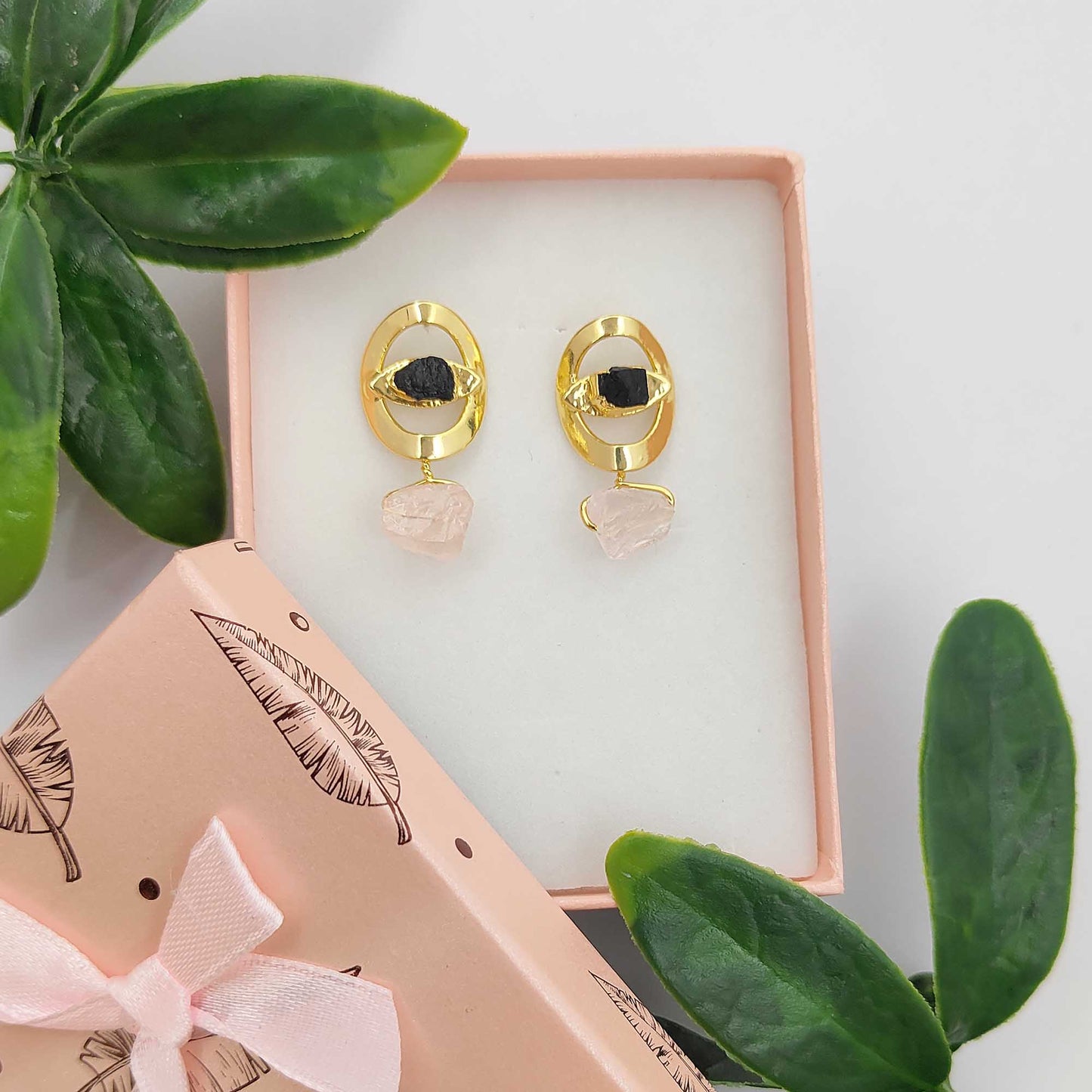Raw Black Tourmaline Evil Eye Stud Earrings Handmade Gemstone Studs Minimalist Jewelry for Gift- Selling Per Pair