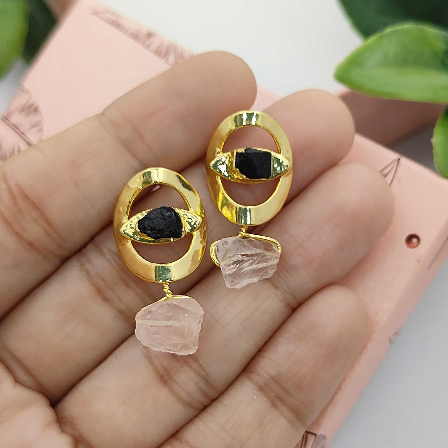 Raw Black Tourmaline Evil Eye Stud Earrings Handmade Gemstone Studs Minimalist Jewelry for Gift- Selling Per Pair