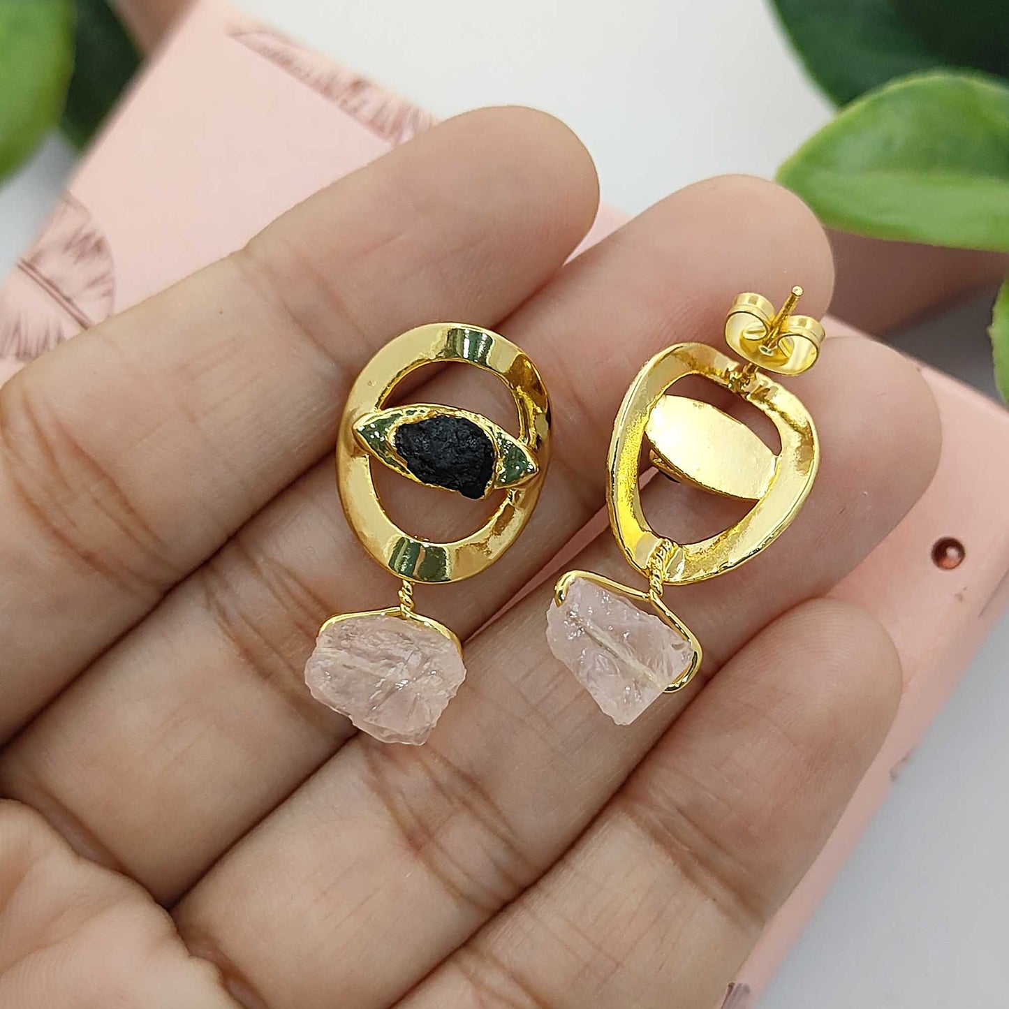 Raw Black Tourmaline Evil Eye Stud Earrings Handmade Gemstone Studs Minimalist Jewelry for Gift- Selling Per Pair