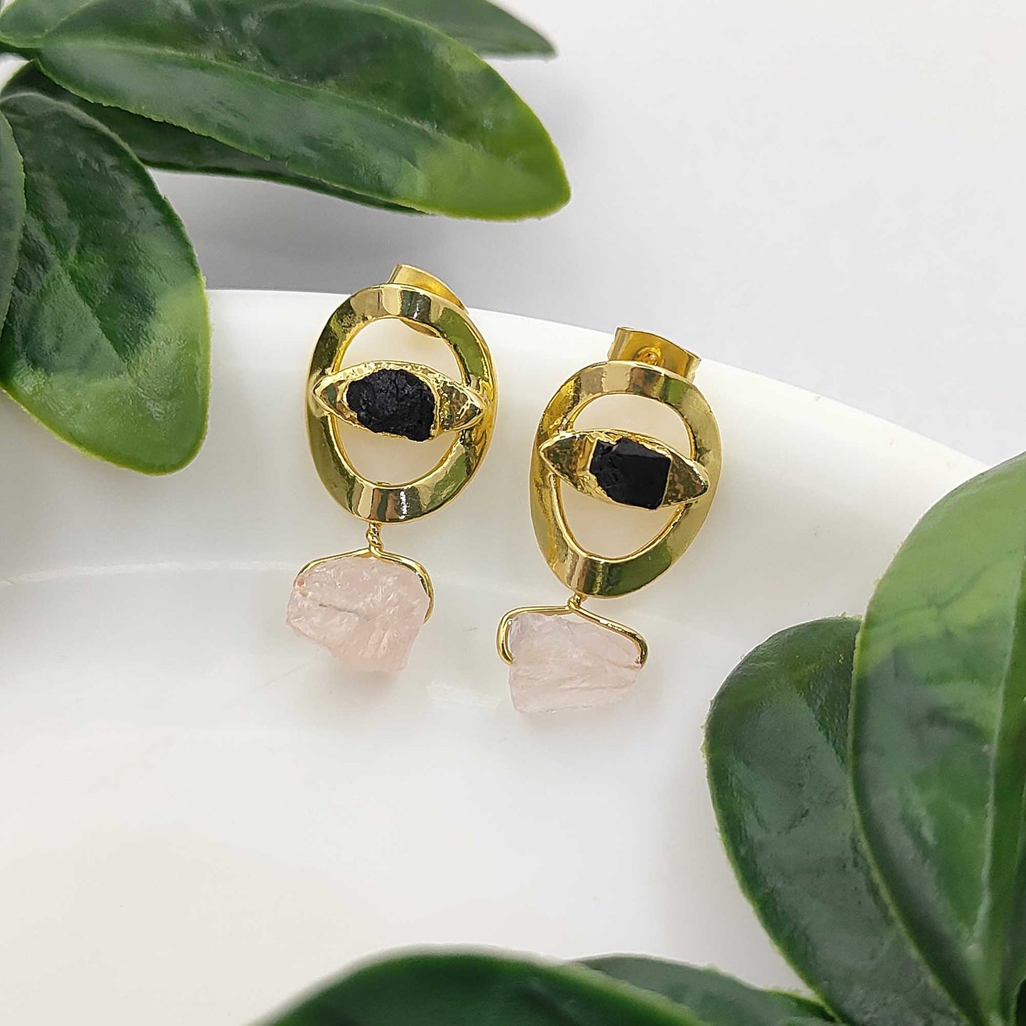 Raw Black Tourmaline Evil Eye Stud Earrings Handmade Gemstone Studs Minimalist Jewelry for Gift- Selling Per Pair