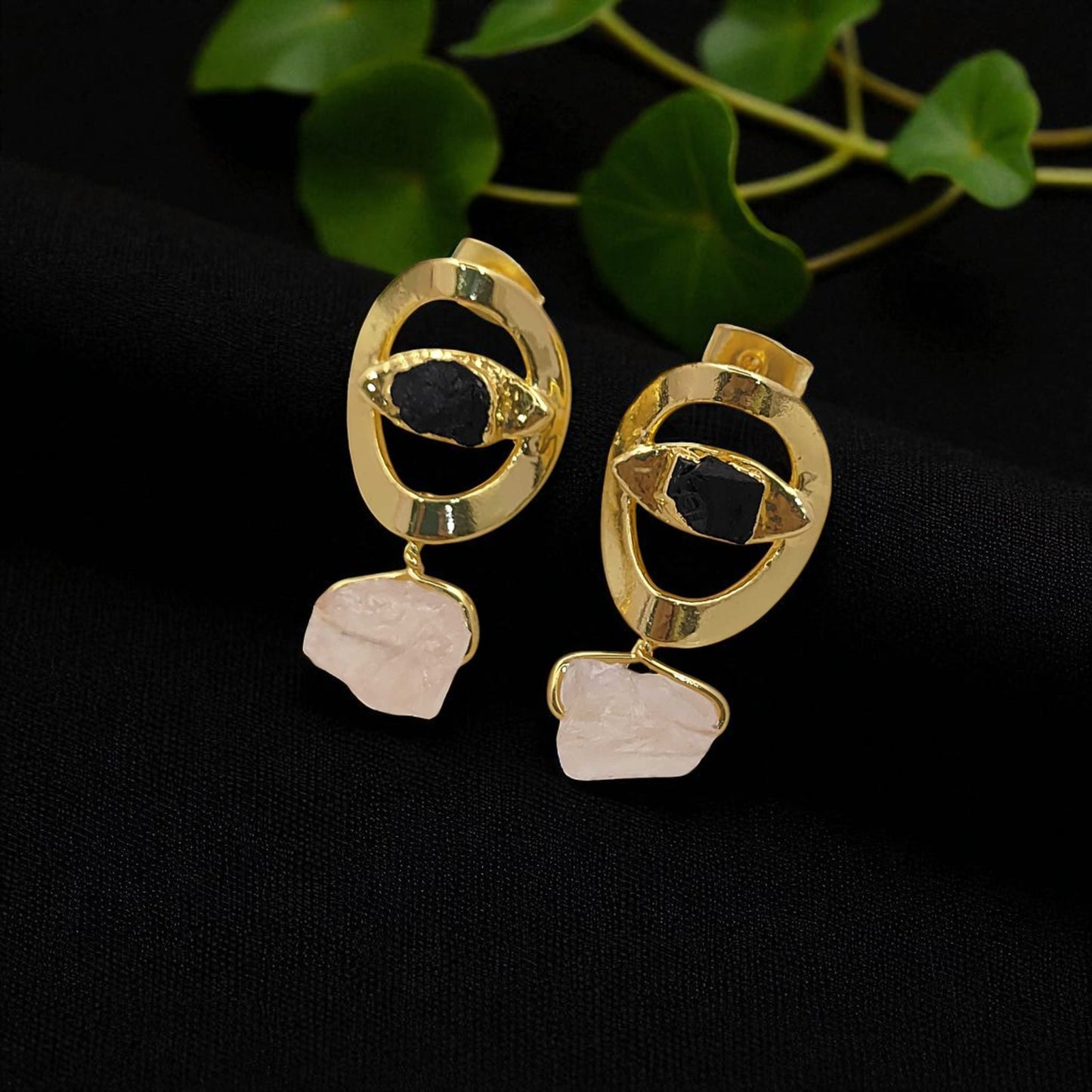 Raw Black Tourmaline Evil Eye Stud Earrings Handmade Gemstone Studs Minimalist Jewelry for Gift- Selling Per Pair
