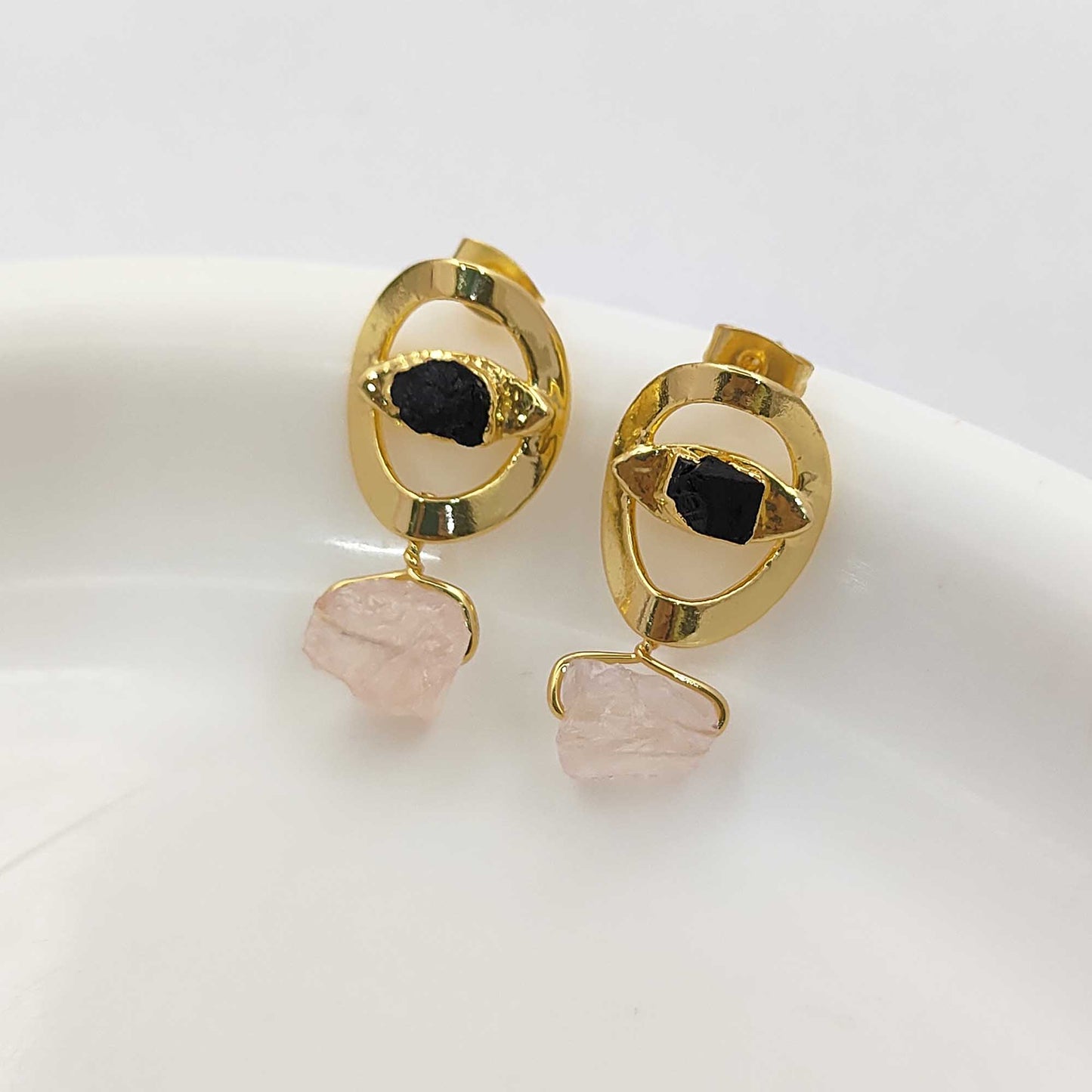 Raw Black Tourmaline Evil Eye Stud Earrings Handmade Gemstone Studs Minimalist Jewelry for Gift- Selling Per Pair