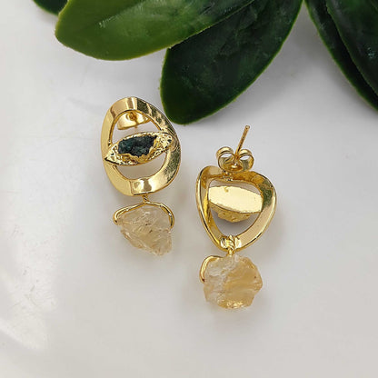 Handmade Emerald & Citrine Evil Eye Earrings 14K Solid Gold Plated Boho Birthstone Studs- Selling Per Pair