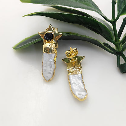 Handmade Black Tourmaline Star Earrings with White Freshwater Pearls Gold Plated Bridal Jewelry- Selling Per Pair