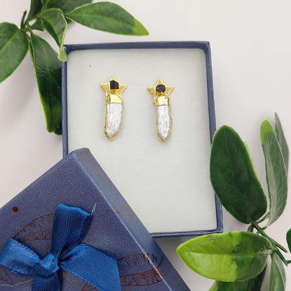 Handmade Black Tourmaline Star Earrings with White Freshwater Pearls Gold Plated Bridal Jewelry- Selling Per Pair