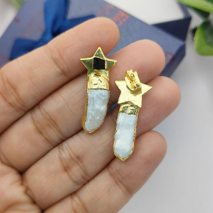 Handmade Black Tourmaline Star Earrings with White Freshwater Pearls Gold Plated Bridal Jewelry- Selling Per Pair