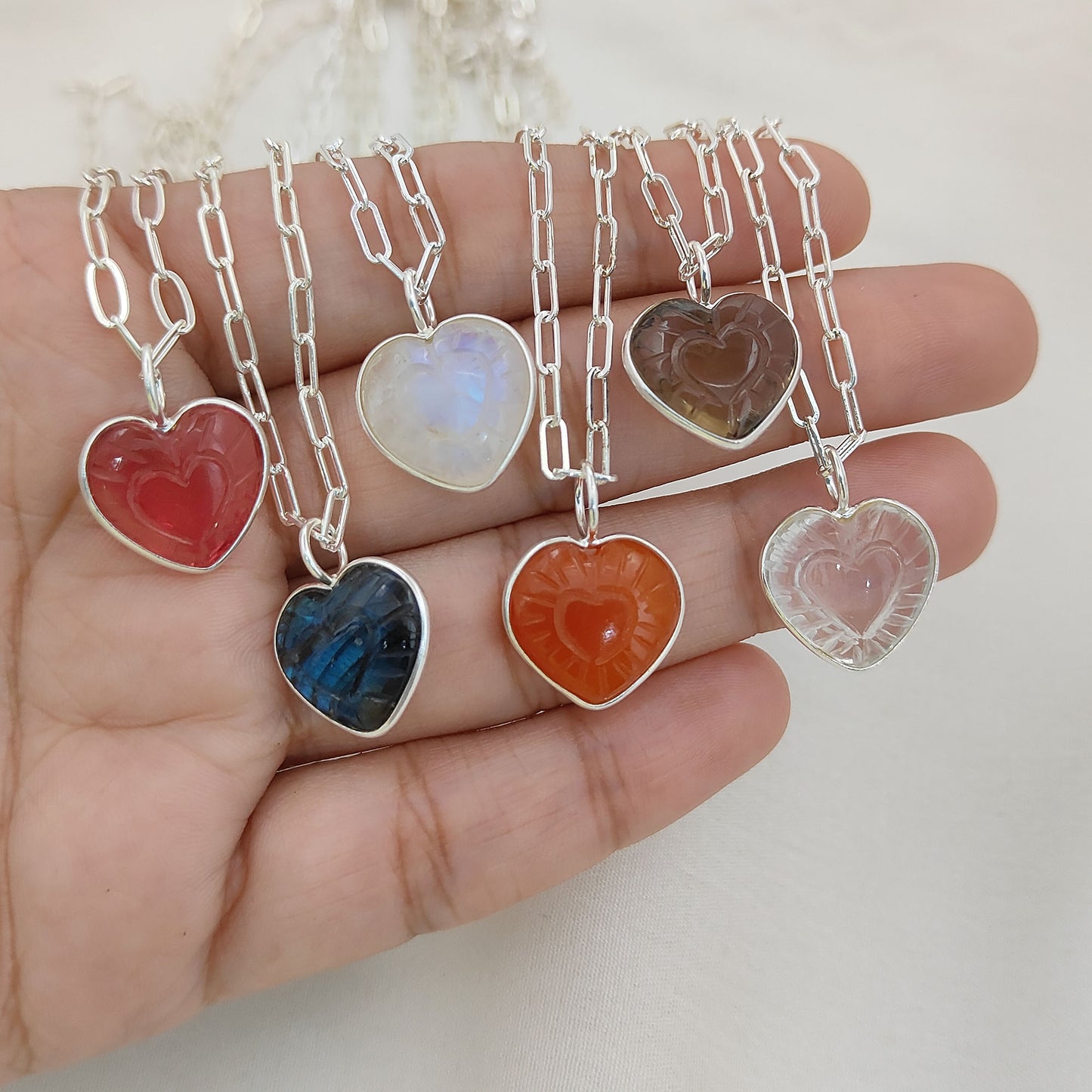 Hand-Carved Heart Gemstone Pendant Necklace with Gold Plated Paperclip Chain Dainty Handmade Jewelry- Selling Per Piece