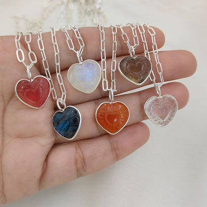 Hand-Carved Heart Gemstone Pendant Necklace with Gold Plated Paperclip Chain Dainty Handmade Jewelry- Selling Per Piece