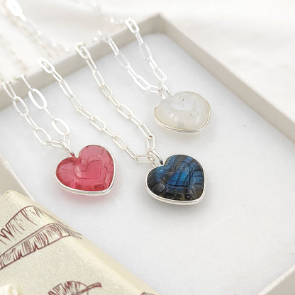 Hand-Carved Heart Gemstone Pendant Necklace with Gold Plated Paperclip Chain Dainty Handmade Jewelry- Selling Per Piece