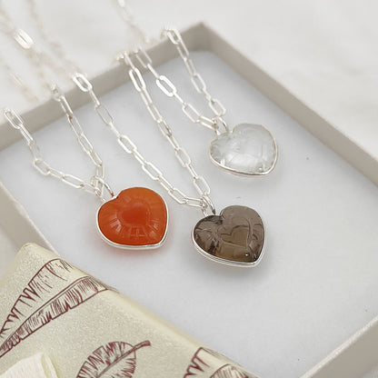 Hand-Carved Heart Gemstone Pendant Necklace with Gold Plated Paperclip Chain Dainty Handmade Jewelry- Selling Per Piece