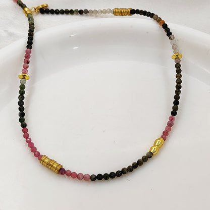 Multi Tourmaline Beaded Necklace Handmade Faceted Gemstone Beads with Gold Accents, Dainty Choker Necklace for Women- Selling Per Piece