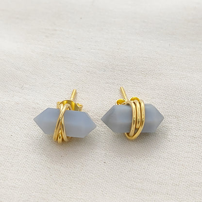 Minimalist Blue Opal Double Point Stud Earrings 12x5mm Gold Vermeil Tiny Crystal Jewelry- Selling Per Pair