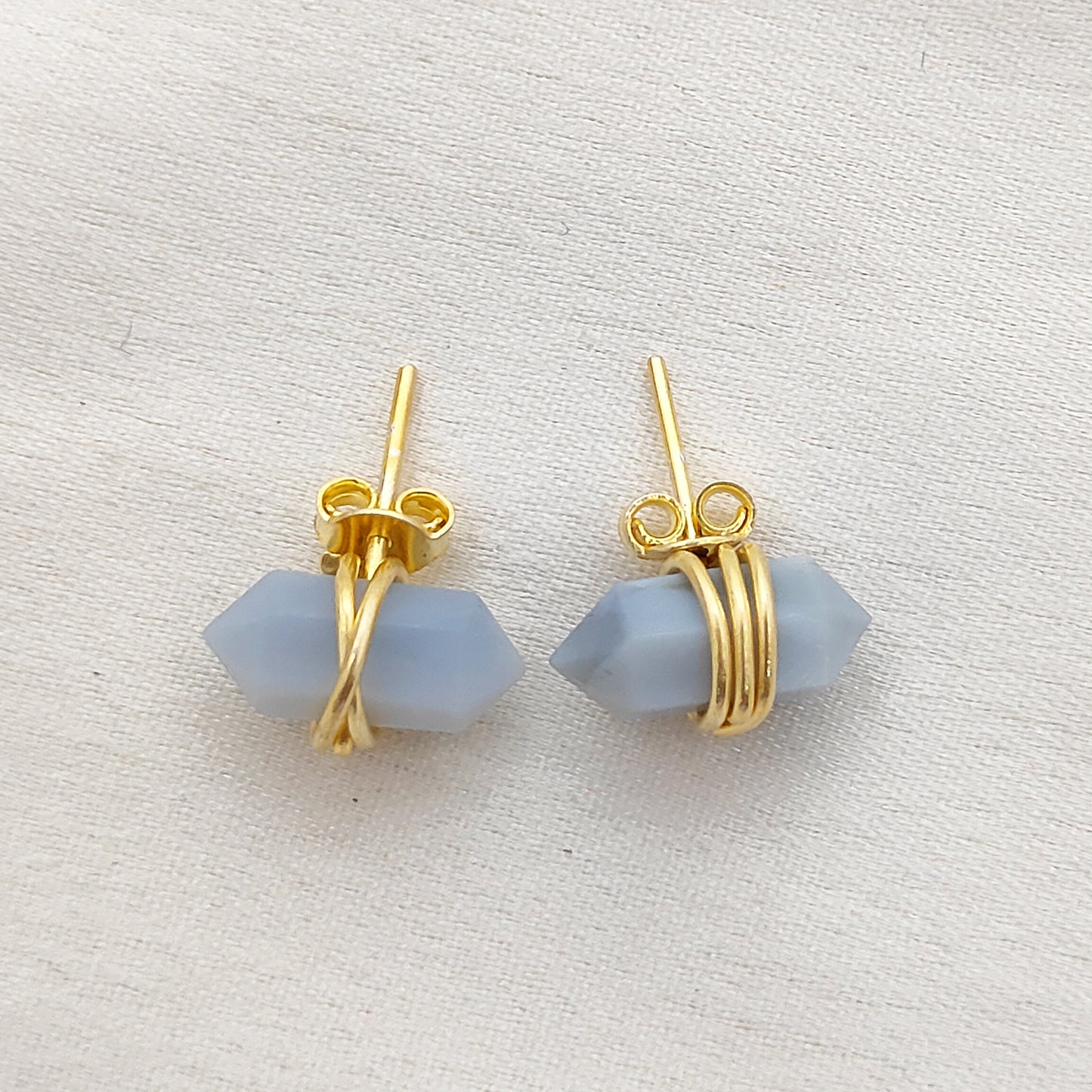 Minimalist Blue Opal Double Point Stud Earrings 12x5mm Gold Vermeil Tiny Crystal Jewelry- Selling Per Pair