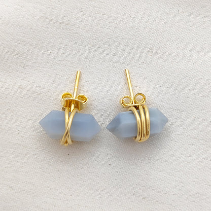 Minimalist Blue Opal Double Point Stud Earrings 12x5mm Gold Vermeil Tiny Crystal Jewelry- Selling Per Pair